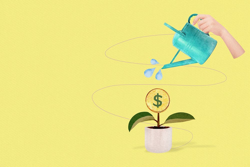 Watering plant money, creative finance collage