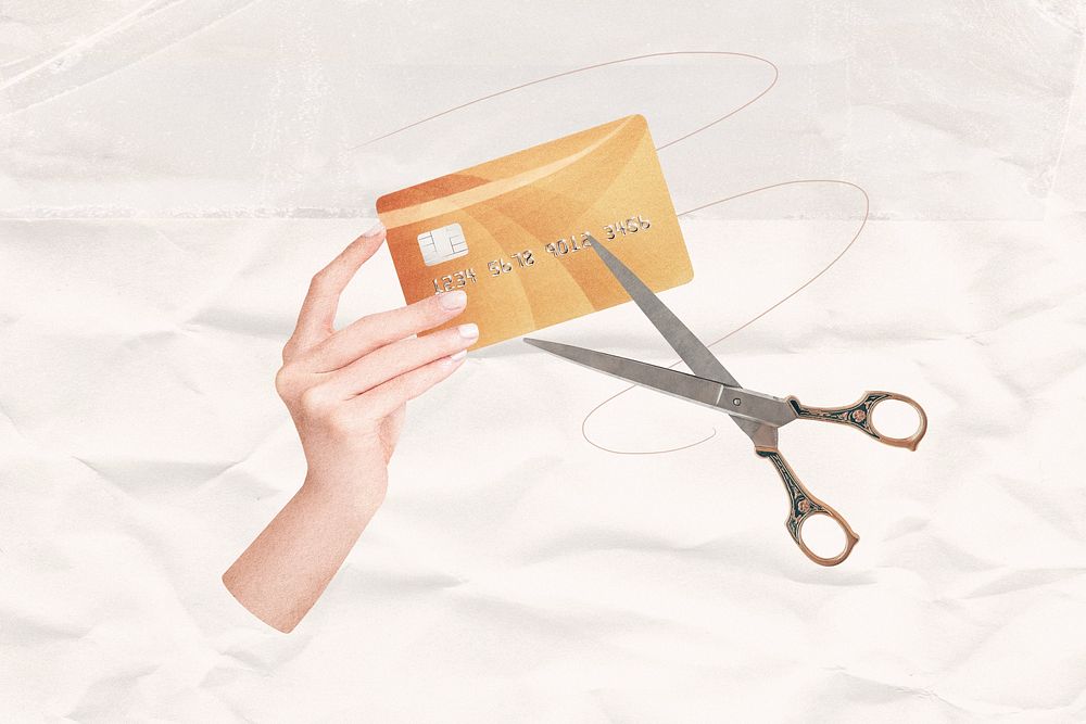 Cutting credit card, creative finance collage