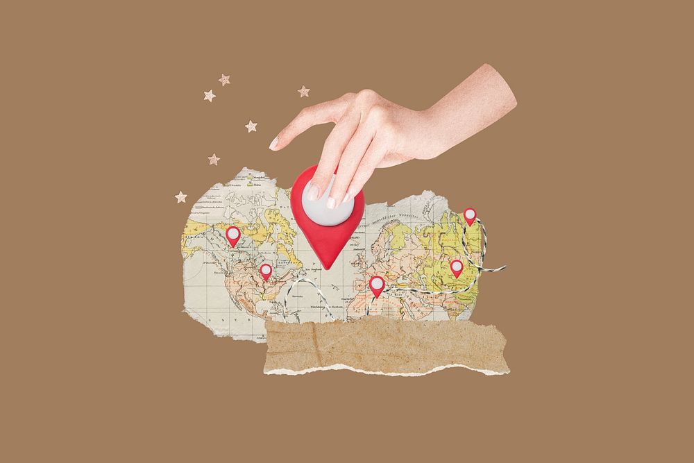 World map ripped paper, aesthetic travel collage