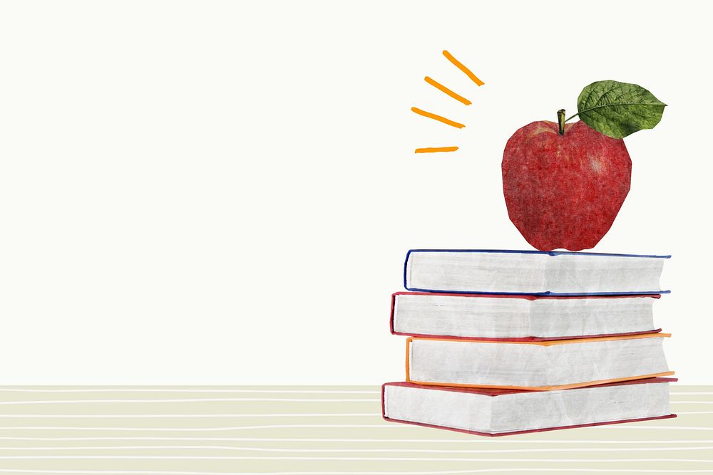 Apple on books background, cute education border
