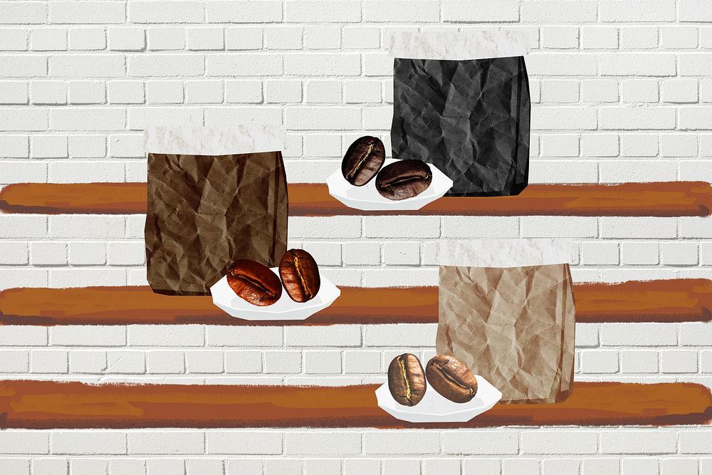 Aesthetic coffee bag background, brick wall design