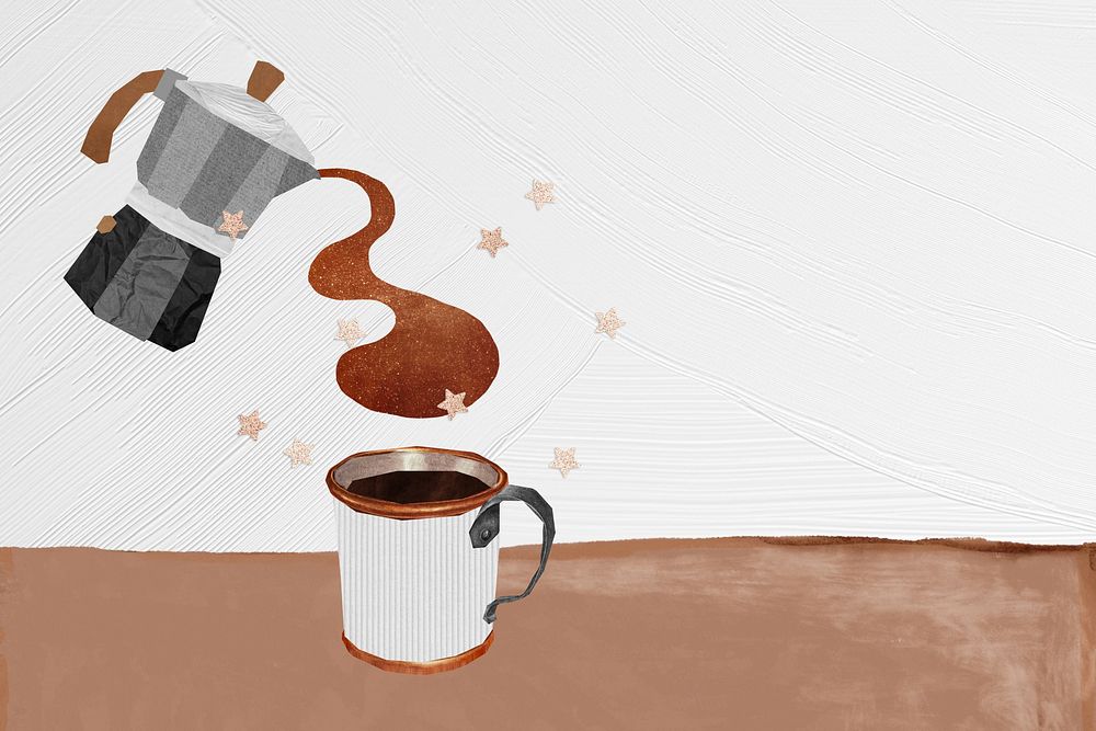 Moka pot pouring coffee background, cute aesthetic design