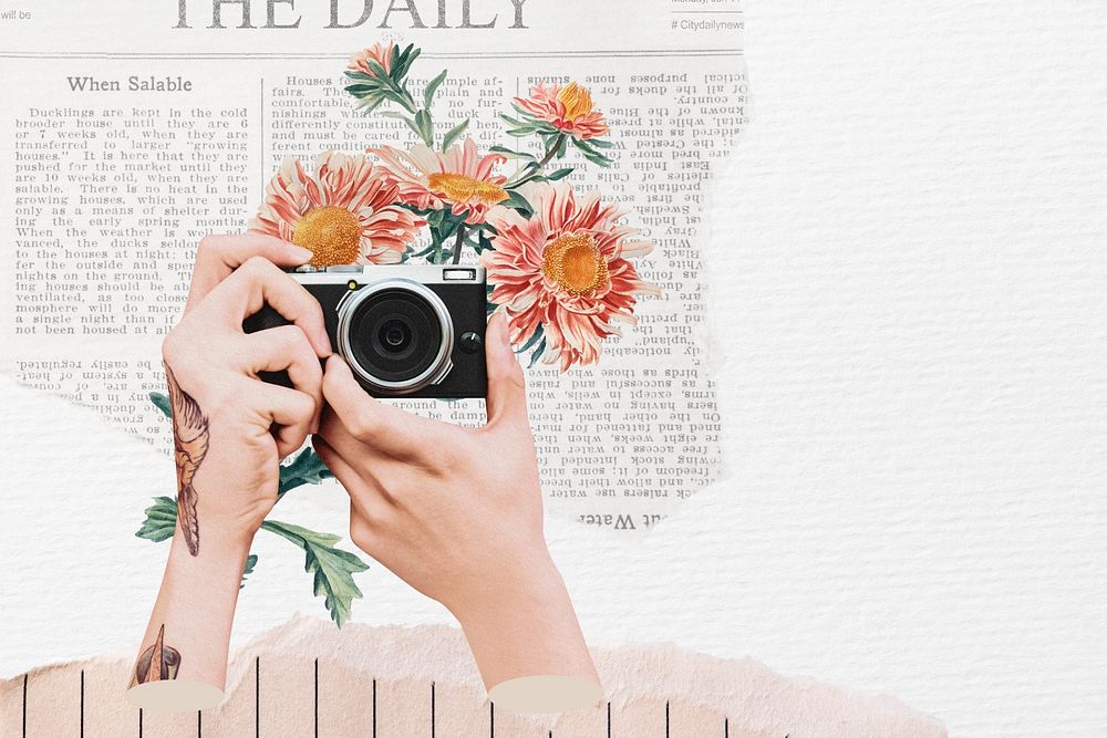 Film camera aesthetic background, travel floral collage