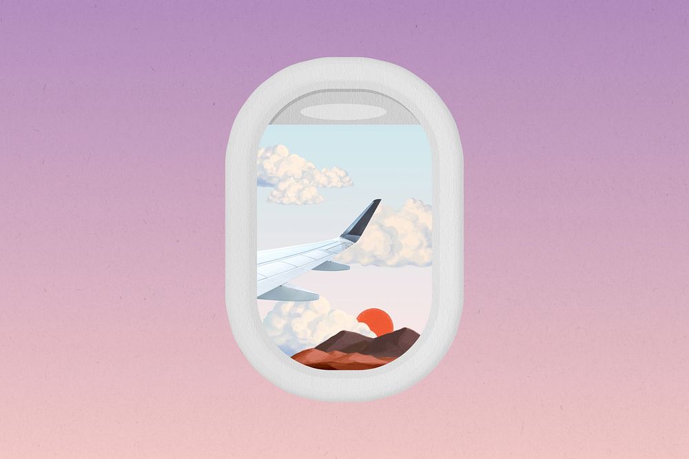 Airplane window aesthetic background, cute travel