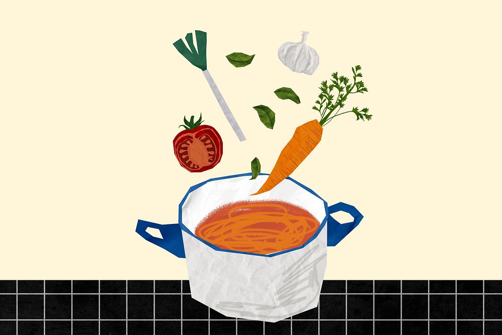 Cute vegetable soup background, colorful food illustration