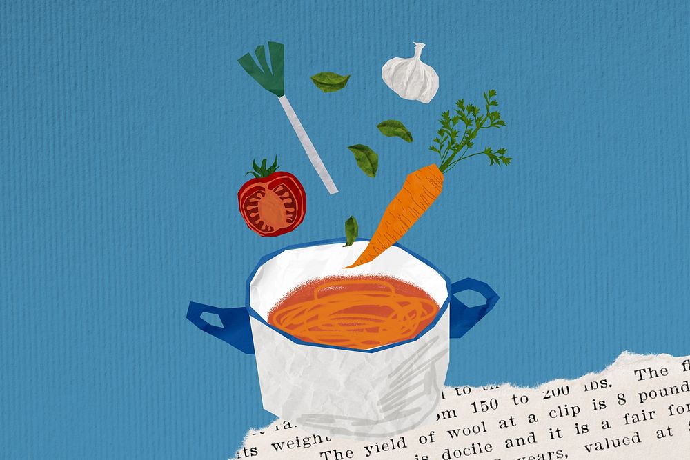 Cute vegetable soup background, colorful food illustration