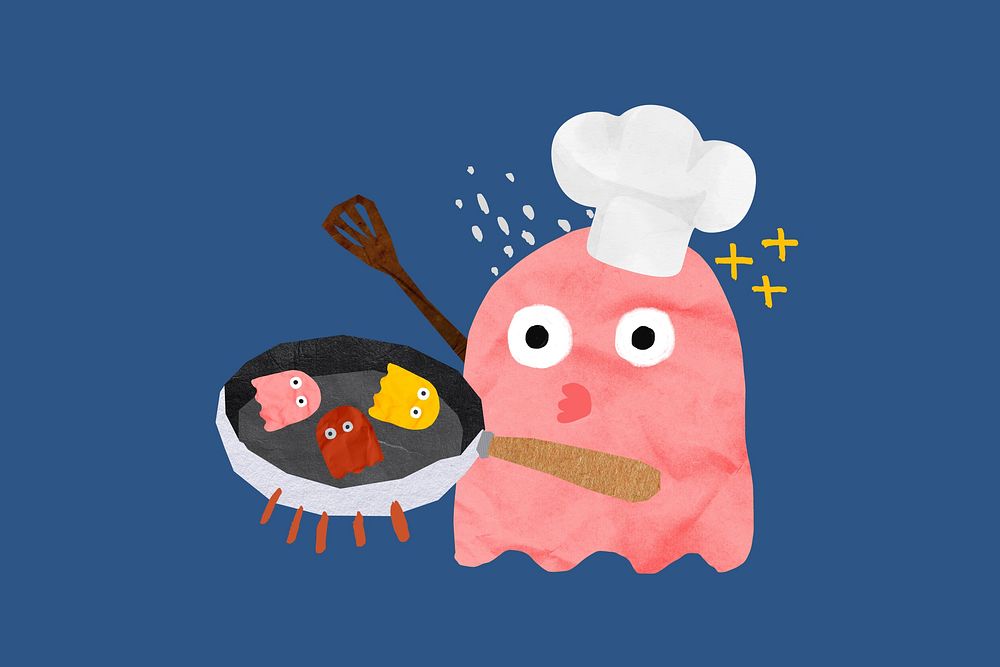 Breakfast chef monster, cute collage element