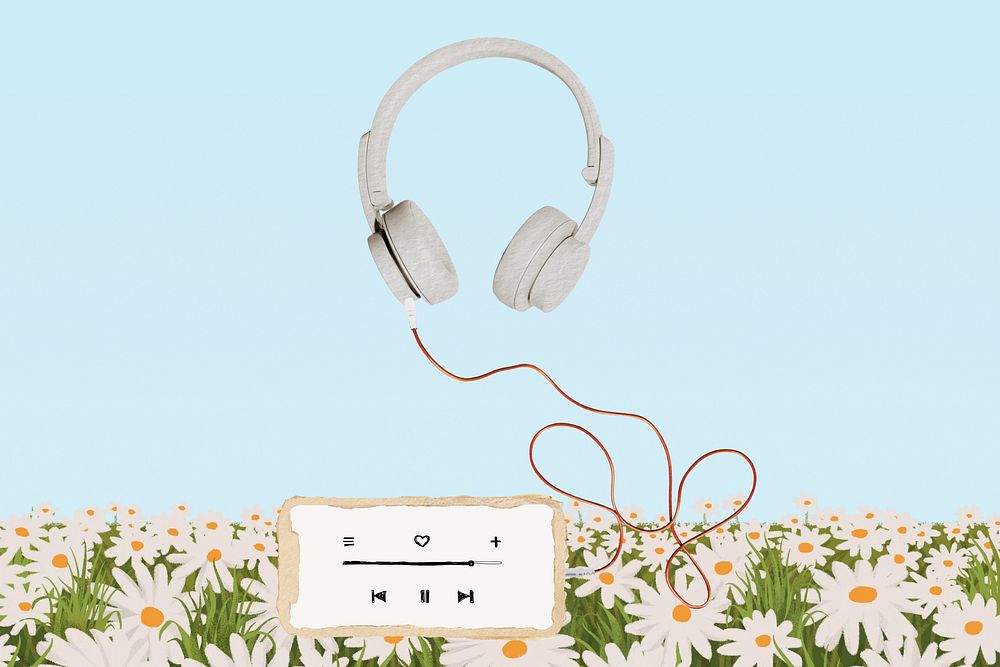 Floral music aesthetic, headphones collage