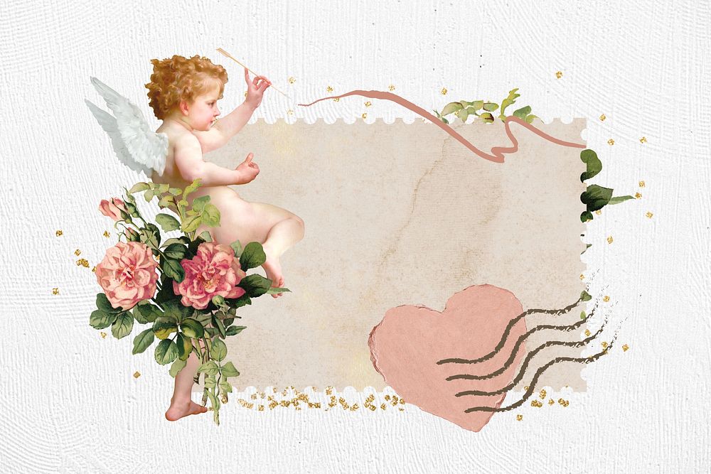 Valentine's cupid stamp, aesthetic paper  background