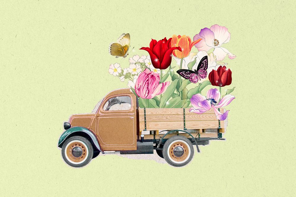 Flower delivery, tulips in truck remix illustration
