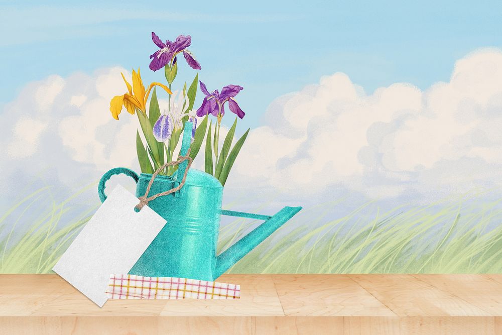 Spring background, iris flower in watering can