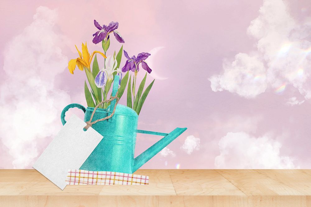 Spring background, iris in watering can remix illustration