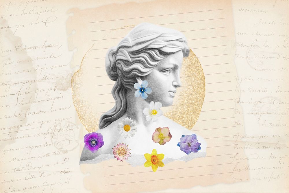 Vintage floral Greek female sculpture, feminine remix illustration