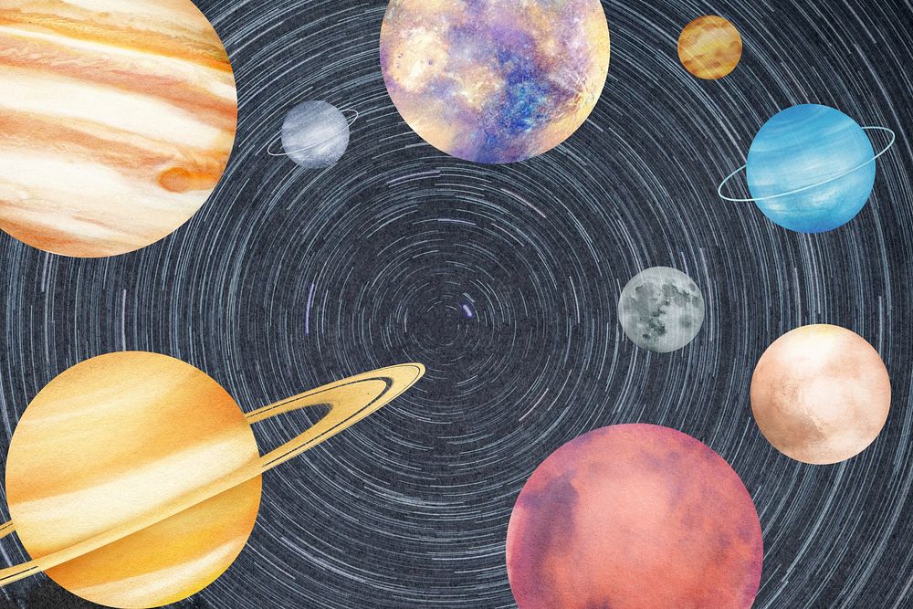 Aesthetic star trails background, solar system illustration