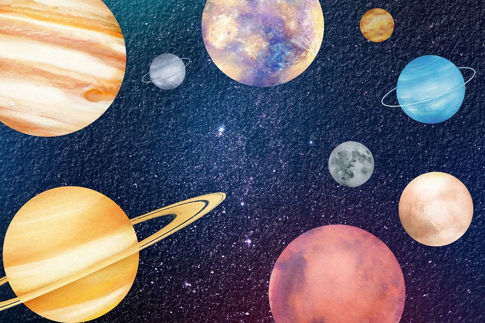 Aesthetic starry sky background, solar system illustration