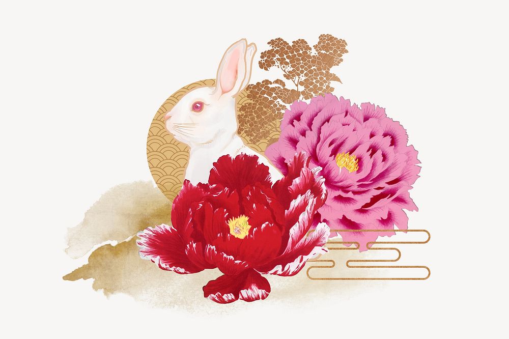 Floral rabbit, Chinese zodiac animal illustration