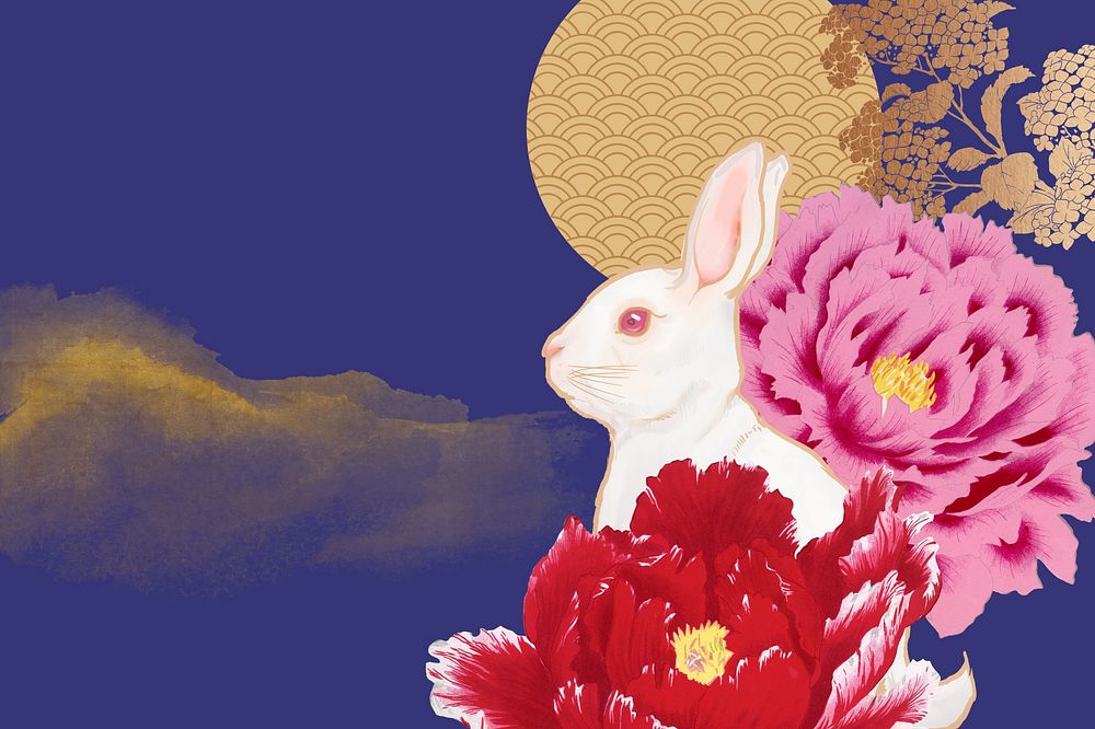 Rabbit Chinese zodiac background, blue floral design