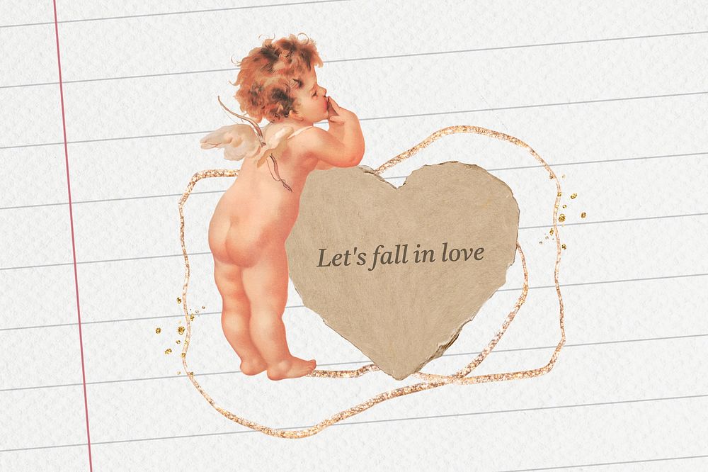Cupid paper heart background, let's fall in love quote