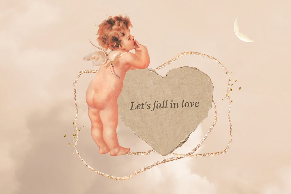 Cupid paper heart background, let's fall in love quote