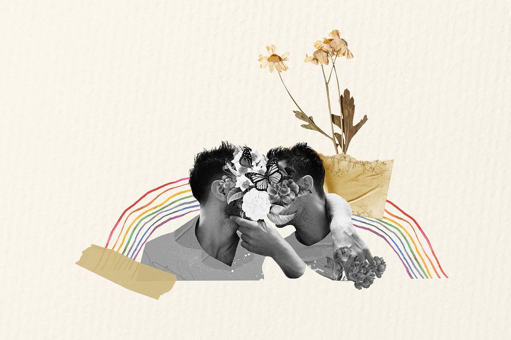 Gay couple kissing background, LGBTQ community 