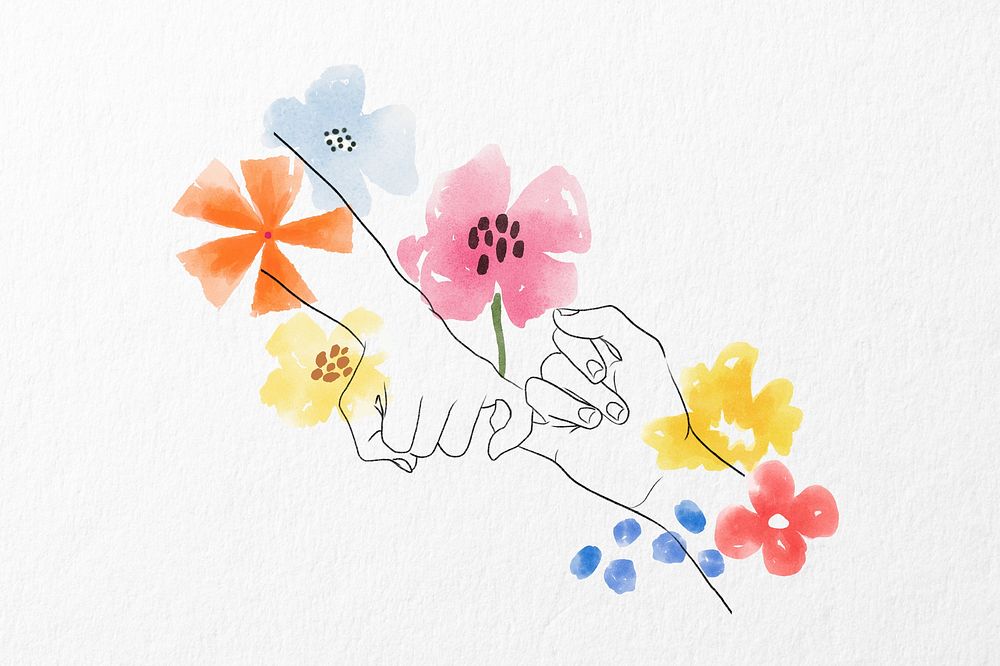 Pinky promise hands background, cute flowers illustration