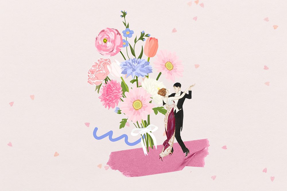 Aesthetic flower bouquet background, couple dancing illustration