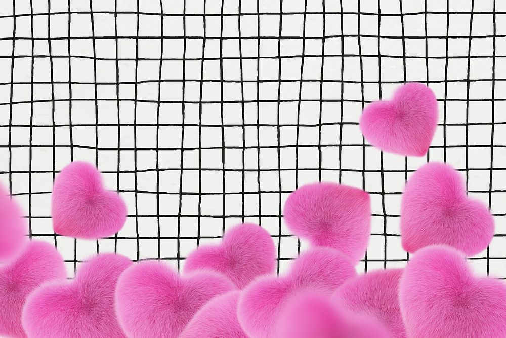 Distorted grid pattern background, furry hearts border