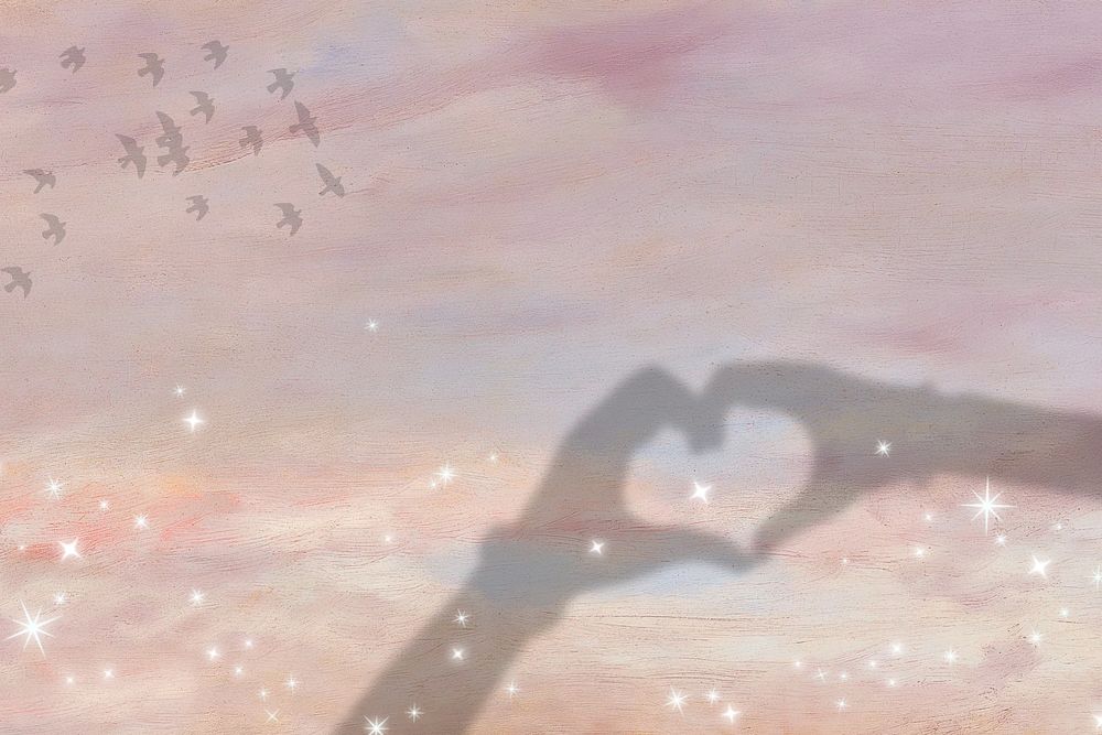 Dreamy heart hands background, aesthetic glittery sky