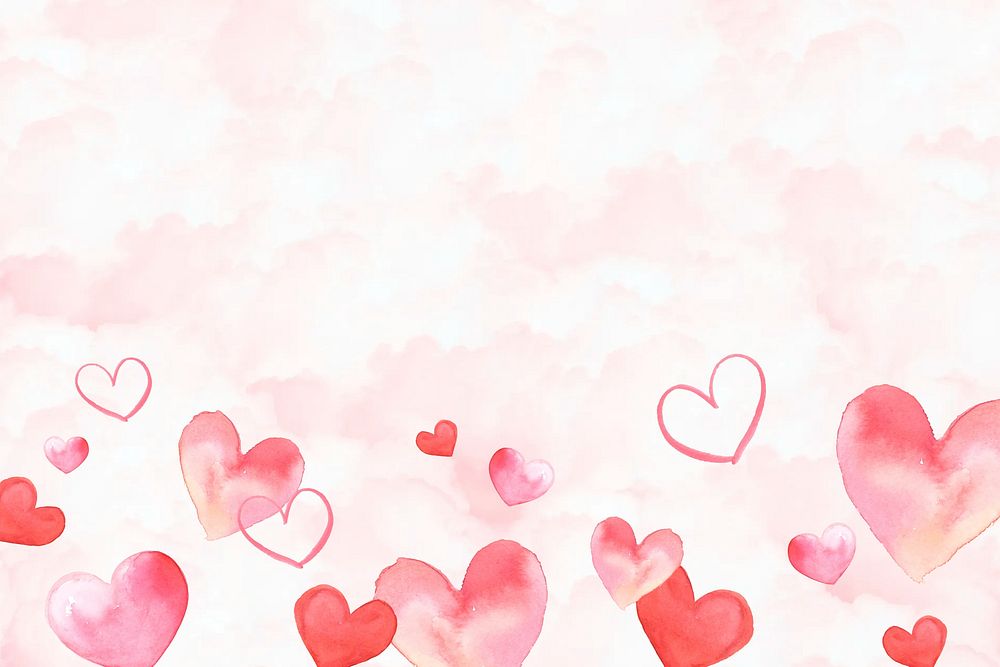 Pink clouds background, watercolor hearts border