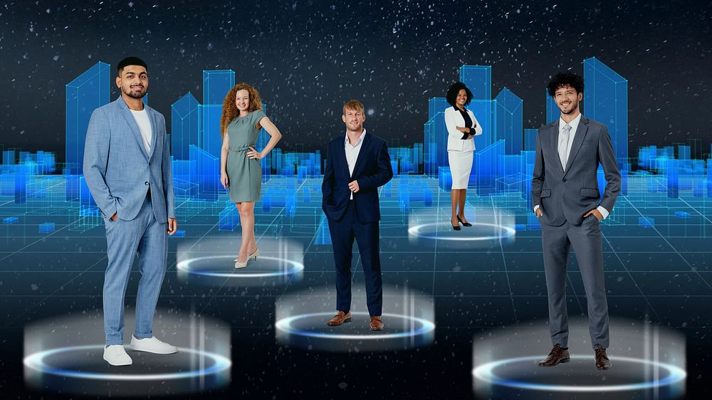 Businesspeople standing futuristic desktop wallpaper, digital remix