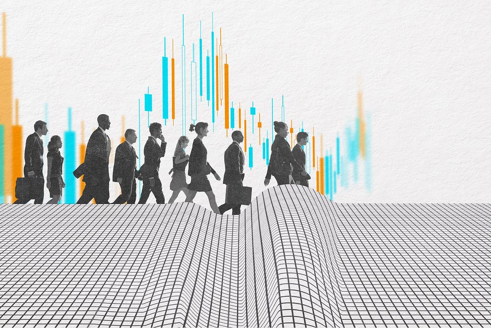 Businesspeople walking, futuristic design, digital remix