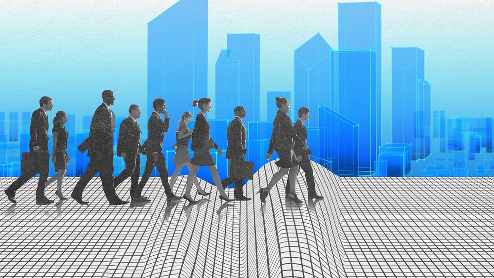 Businesspeople walking, futuristic desktop wallpaper, digital remix