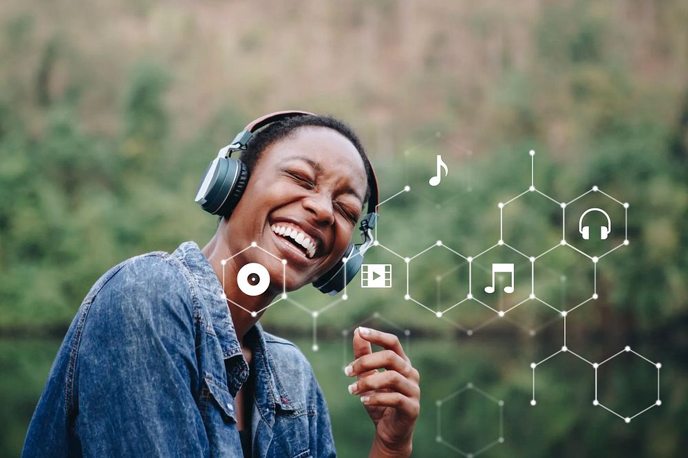 Black woman listening to music, entertainment technology