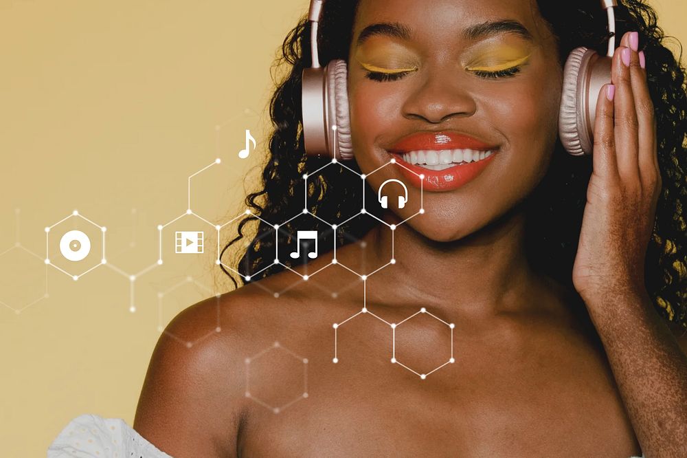 Black woman listening to music, entertainment technology