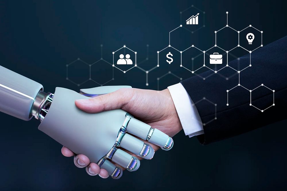 AI robot & businessman handshake, digital remix