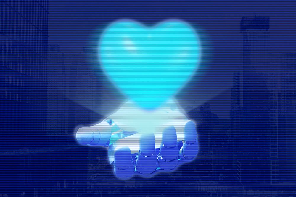 Blue heart in robot hand, digital remix