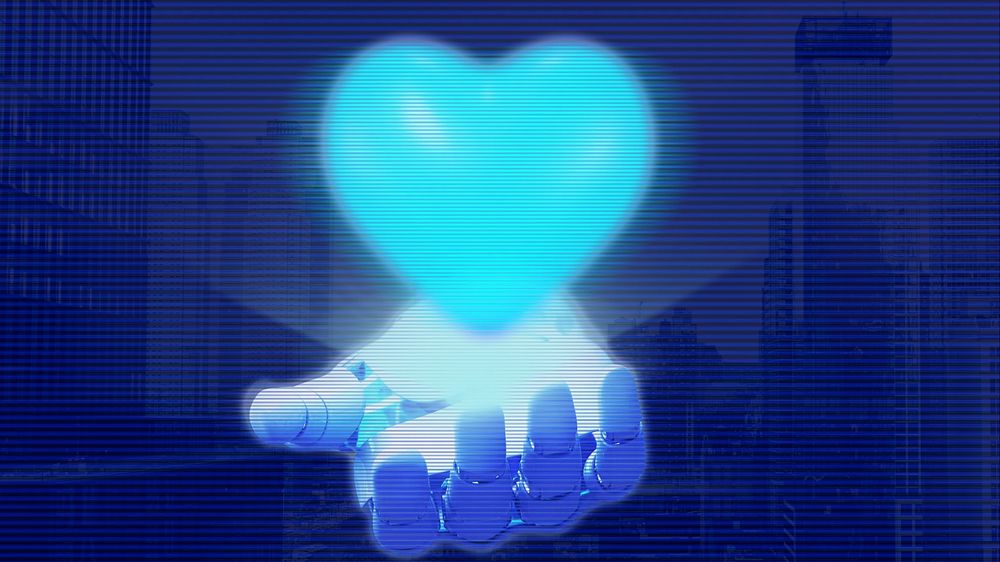 Blue heart in robot hand desktop wallpaper, digital remix