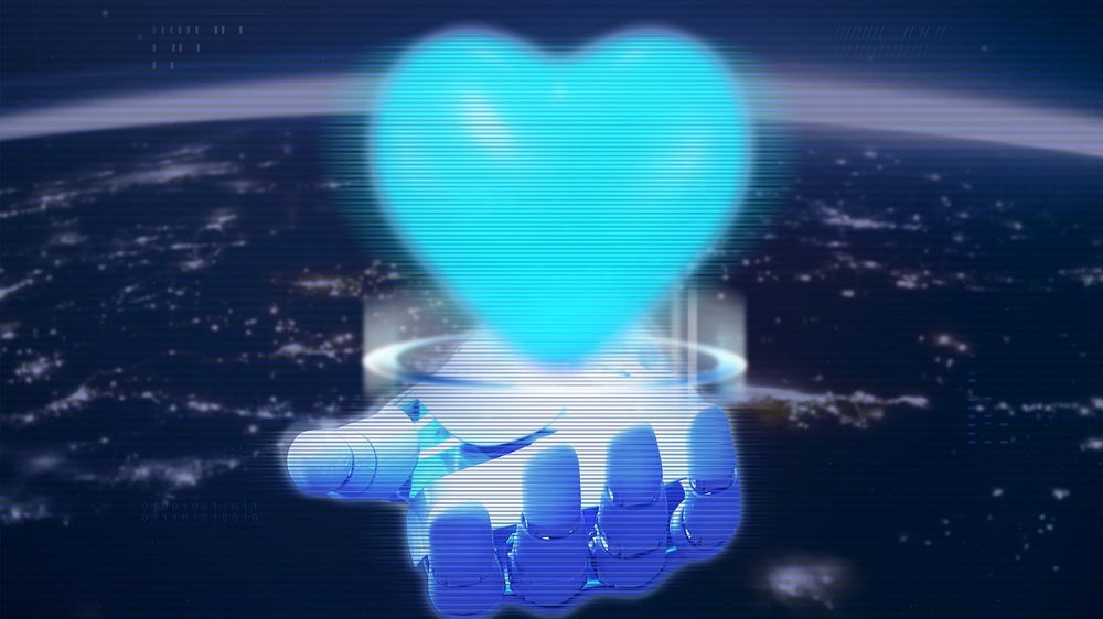 Blue heart in robot hand desktop wallpaper, digital remix