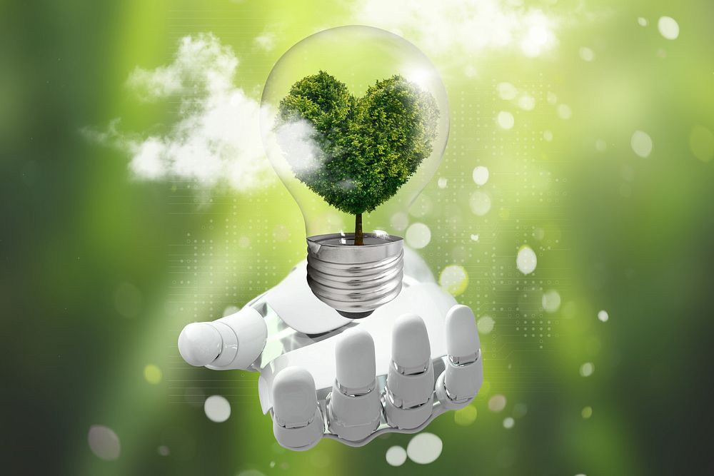Green energy, heart light bulb, digital remix