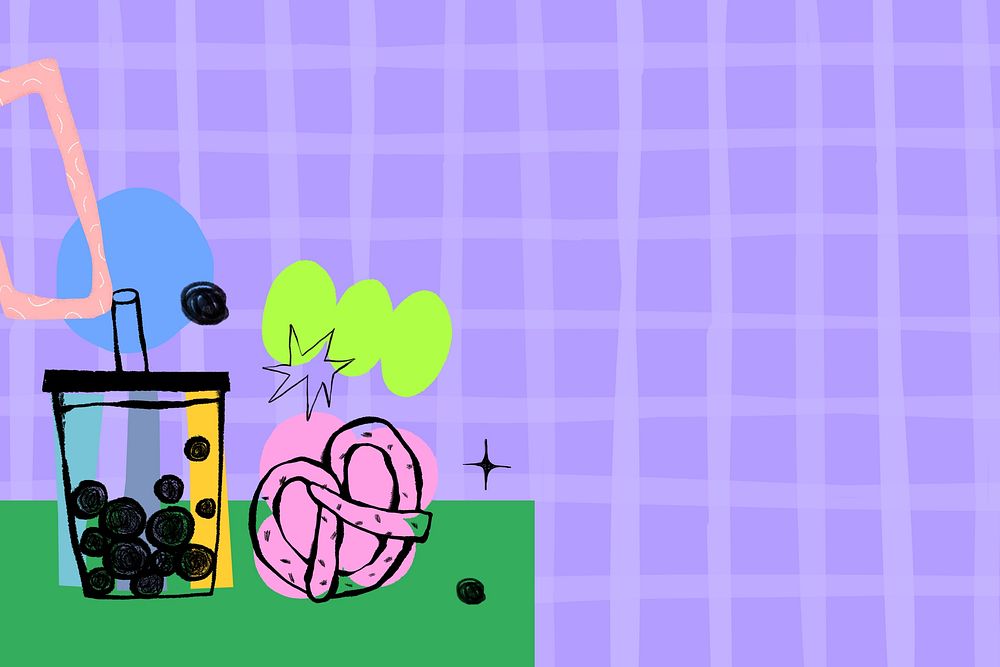 Bubble tea doodle background, purple grid pattern