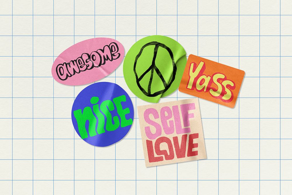 Self-love typography background, cute doodle badges