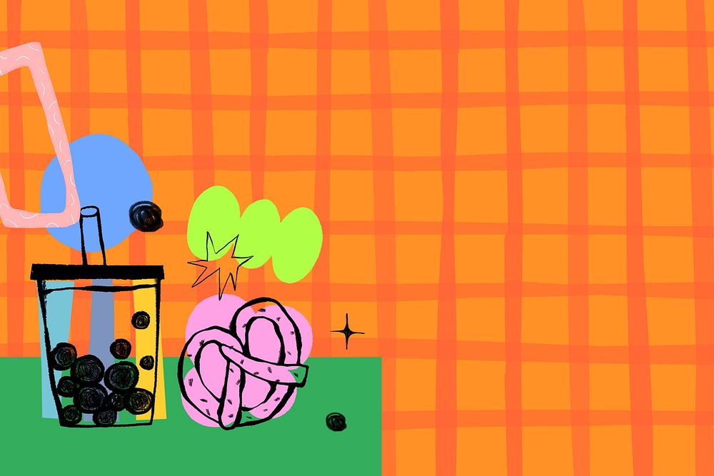 Bubble tea doodle background, orange grid pattern 