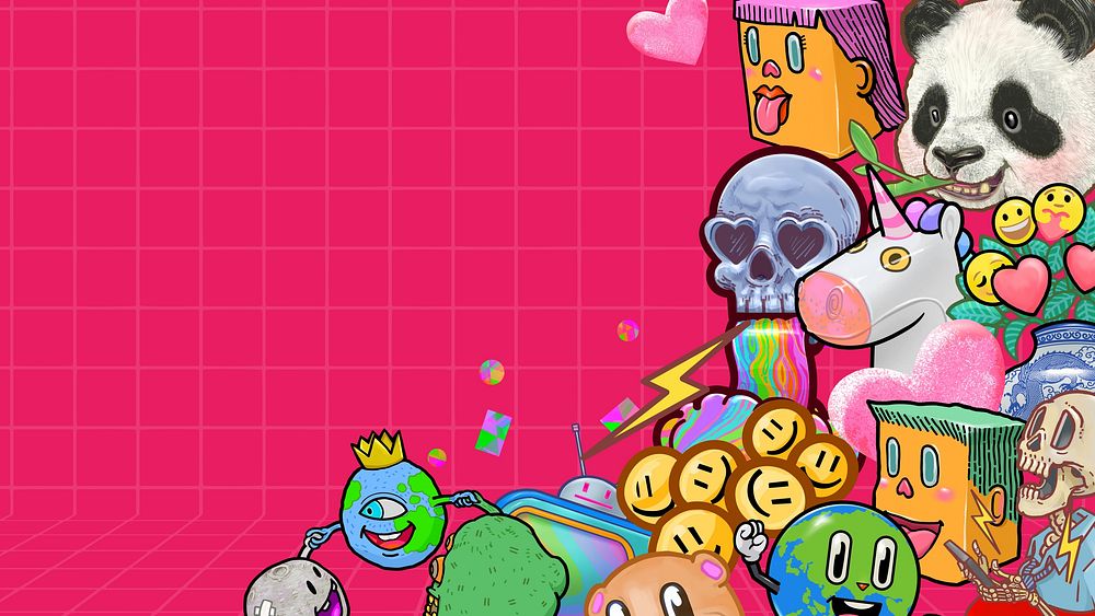 Funky cartoon colorful desktop wallpaper, pink abstract illustration