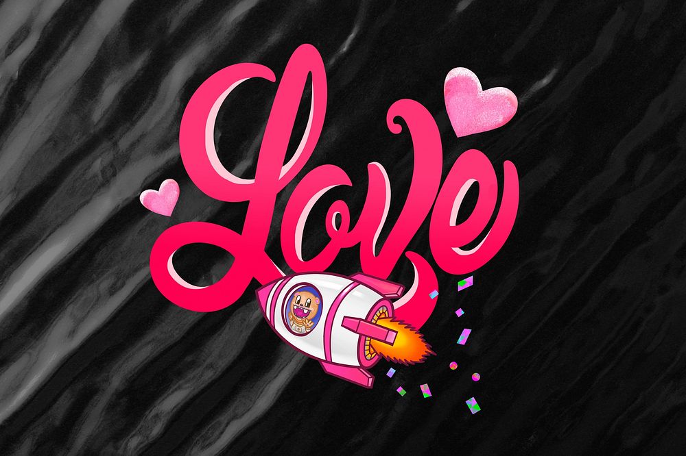 Flying love rocket background, pink typography