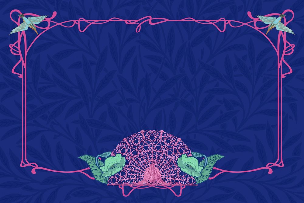 Blue leaf patterned background, pink ornamental frame, remixed from the artwork of William Morris