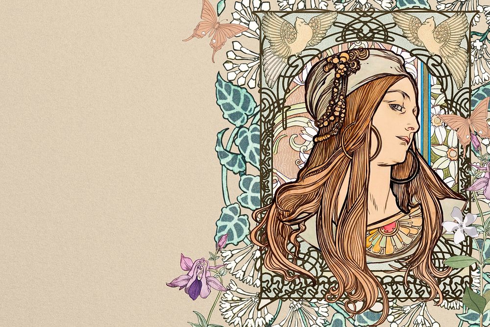 Art nouveau lady background, Alphonse Mucha's vintage artwork, remixed by rawpixel