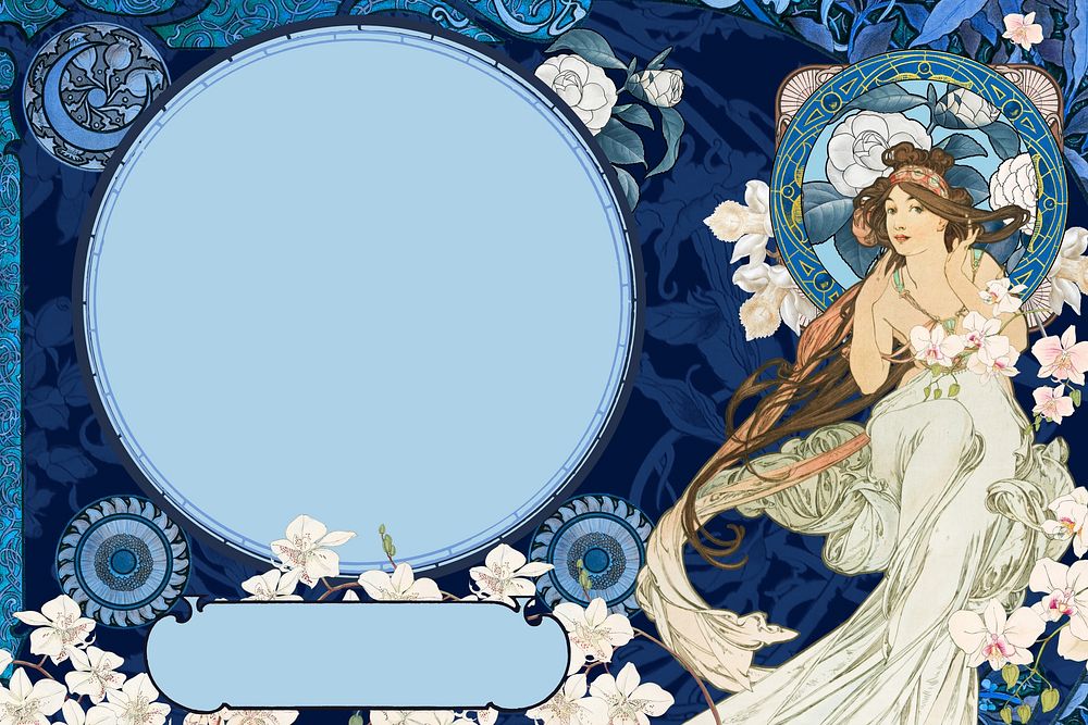 Blue celestial goddess background, Alphonse Mucha's famous artwork, remixed by rawpixel