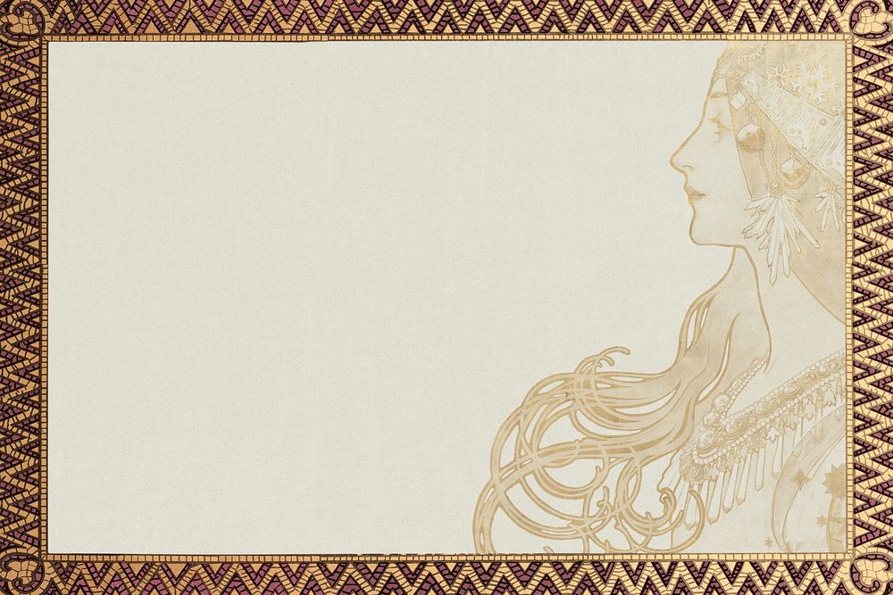 Alphonse Mucha's Zodiac background, vintage woman frame, remixed by rawpixel