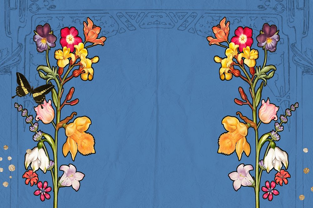 Blue background, vintage flower border, remixed by rawpixel