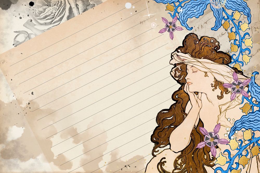 Vintage woman border background, Alphonse Mucha's famous artwork, remixed by rawpixel